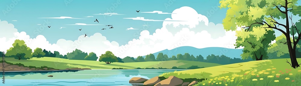 lush riverbank with trees, rocks, and birds under a blue sky with white clouds