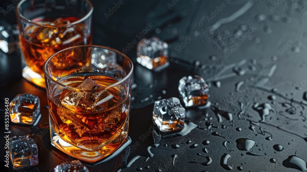Close up shot of glasses with whiskey and ice cubes on a black table with room for text