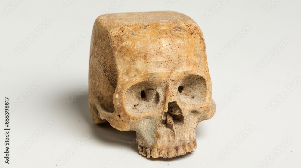 A skull is sitting on a white surface, square head concept A skull is sitting on a white surface, square head concept