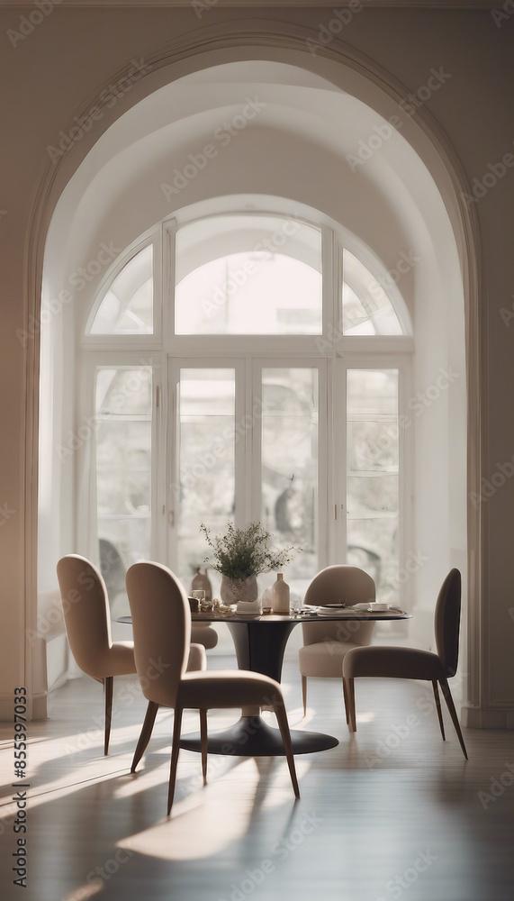 Boucle chairs at dining table in room with stucco walls and arch doorway Minimalist interior design Boucle chairs at dining table in room with stucco walls and arch doorway Minimalist interior design