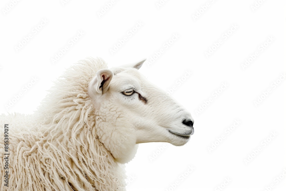 Obraz premium Portrait of a sheep with white coat, standing in profile on white background.