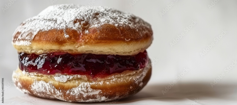 Close up of a single powdered jelly donut on white background with soft lighting Close up of a single powdered jelly donut on white background with soft lighting