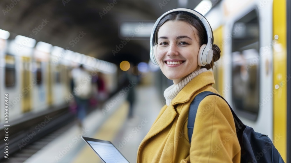 A woman wearing headphones and a yellow coat is smiling at the camera, people in the subway A woman wearing headphones and a yellow coat is smiling at the camera, people in the subway