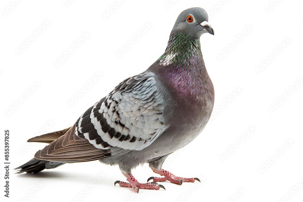 Portrait of a pigeon with grey feathers on a white background, standing in profile. Portrait of a pigeon with grey feathers on a white background, standing in profile.