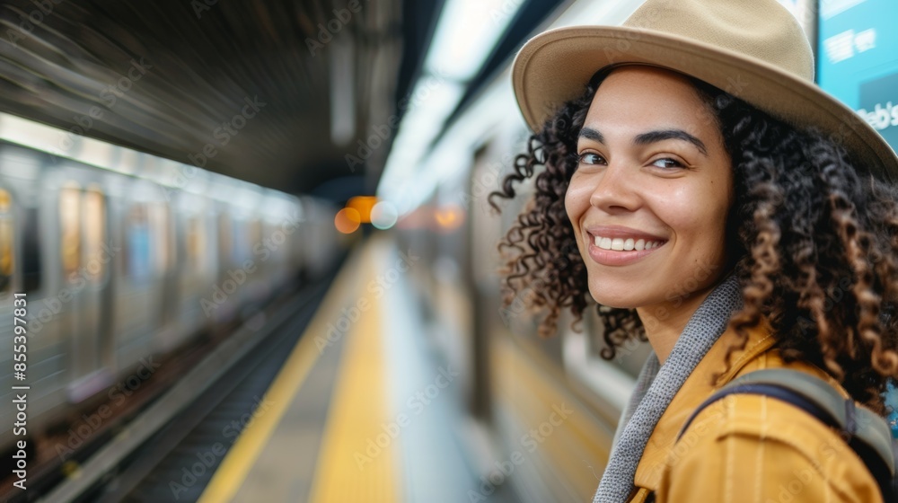 A woman wearing a yellow jacket and a hat is smiling at the camera, people at a subway station A woman wearing a yellow jacket and a hat is smiling at the camera, people at a subway station