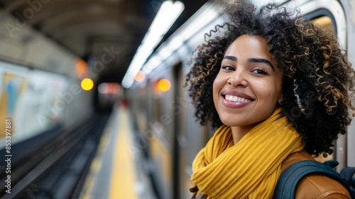 A woman with curly hair is smiling and wearing a yellow scarf, people at a subway station