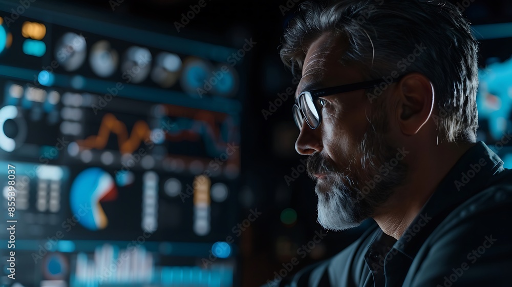 Web developer studying data graphs on interactive screen Web developer studying data graphs on interactive screen