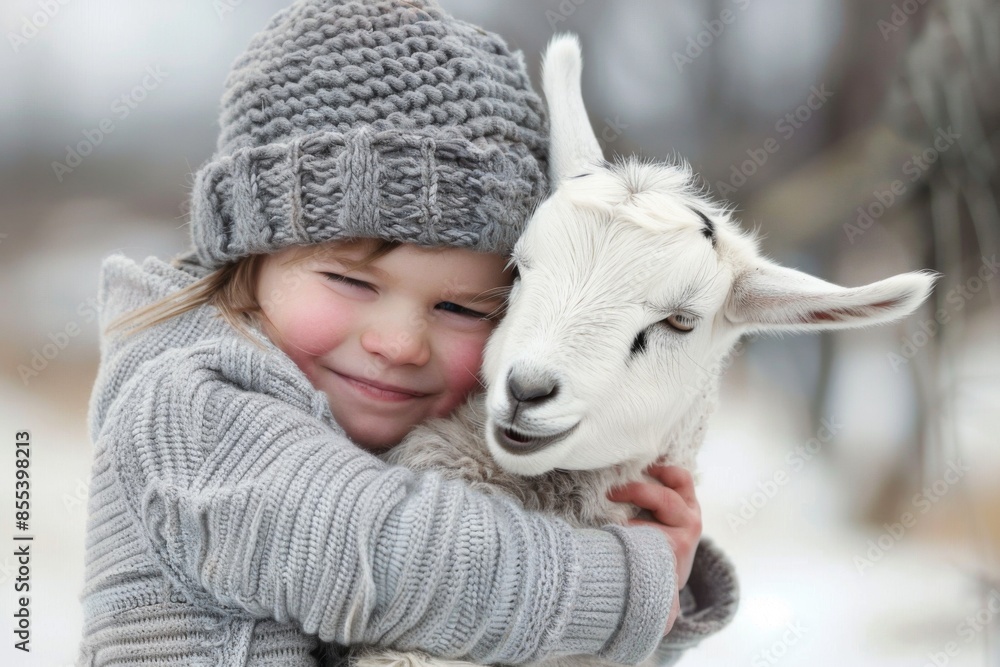 Small child hugging a baby goat against a natural background. Small child hugging a baby goat against a natural background.