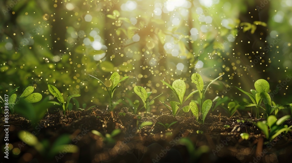 Close-up of young green seedlings in forest with sunlight and bokeh, growth and renewal concept Close-up of young green seedlings in forest with sunlight and bokeh, growth and renewal concept
