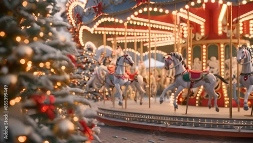 Festive Carousel with Decorated Christmas Trees and Lights