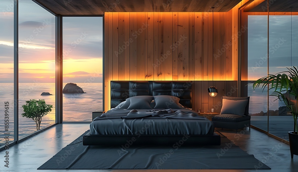 Modern black matte themed wooden bedroom interior with large terrace ...