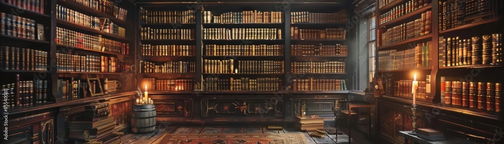 Colonial library, dusty bookshelves, candlelight, warm glow, steampunk, intellectual ambiance Colonial library, dusty bookshelves, candlelight, warm glow, steampunk, intellectual ambiance