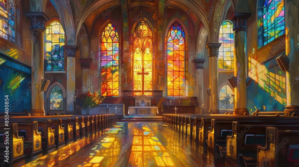 Historic church, stained glass windows, golden hour, vibrant hues, oil painting, architectural detail Historic church, stained glass windows, golden hour, vibrant hues, oil painting, architectural detail