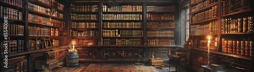 Colonial library, dusty bookshelves, candlelight, warm glow, steampunk, intellectual ambiance