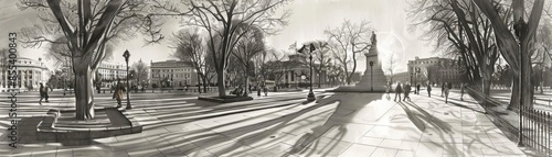 Granite monument, central plaza, evening shadows, monochromatic, sketch style, timeless art © Naput