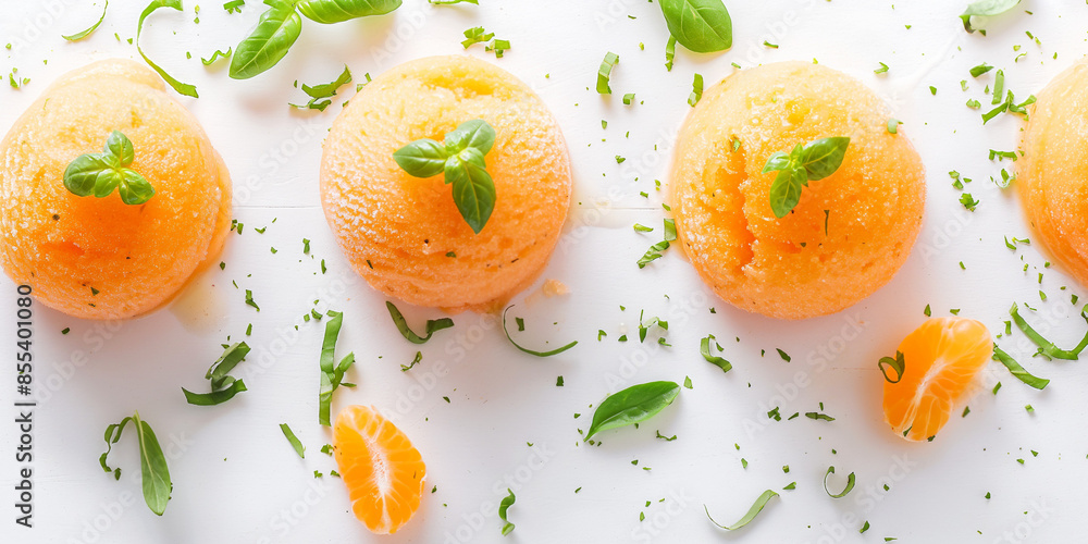 Zesty orange and basil sorbet, an image of zesty orange and basil sorbet, vibrant orange with green specks, set against a white backdrop Zesty orange and basil sorbet, an image of zesty orange and basil sorbet, vibrant orange with green specks, set against a white backdrop