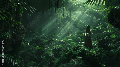 A lone figure in a cloak stands in a lush, green jungle with sunlight filtering through dense foliage, creating an ethereal and mysterious atmosphere