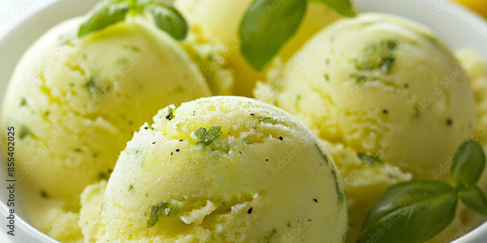 Zesty lemon and basil sorbet, a closeup of zesty lemon and basil sorbet, its bright yellow color with green herbal notes against a white background Zesty lemon and basil sorbet, a closeup of zesty lemon and basil sorbet, its bright yellow color with green herbal notes against a white background