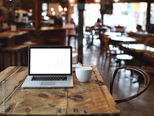 Wallpaper Mural A white-screen laptop computer mockup on a wooden table in a contemporary cosy coffee shop. - ai Torontodigital.ca