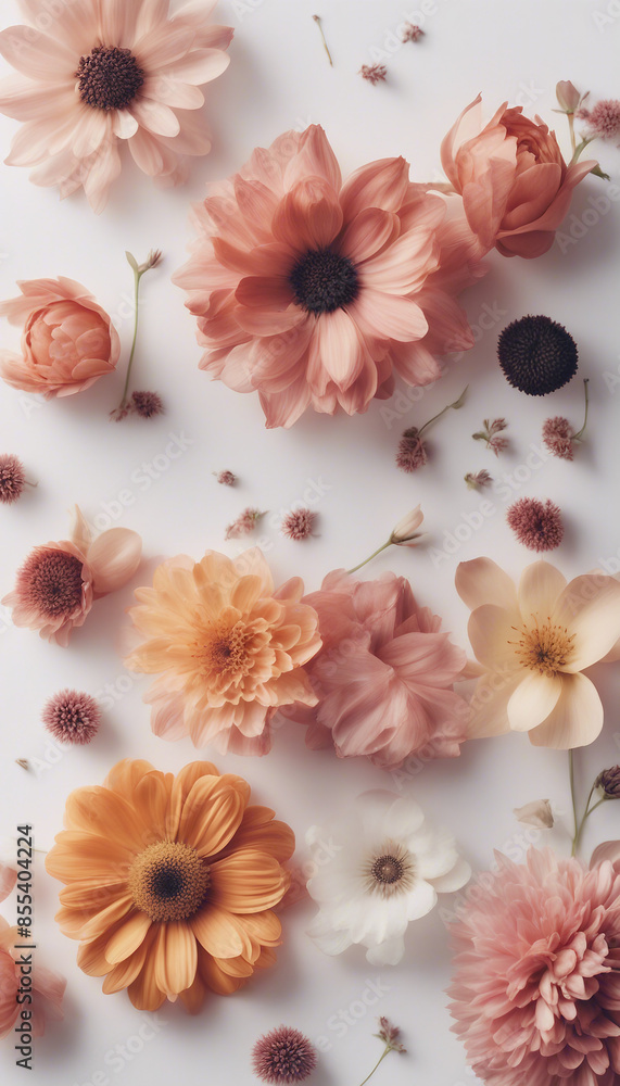 Vertical top view blank card with flowers Abstract organic flowers Blooming floral on white backgrou Vertical top view blank card with flowers Abstract organic flowers Blooming floral on white backgrou