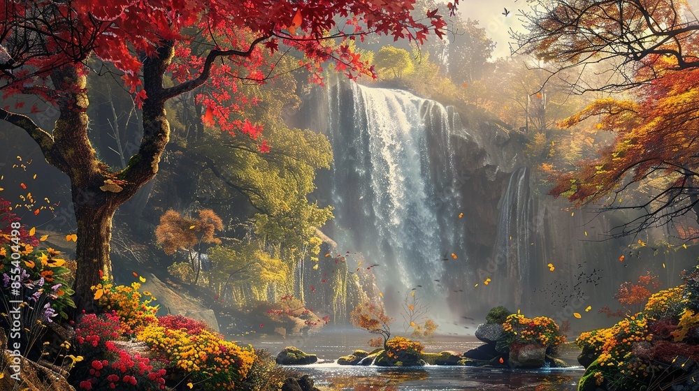 Naklejka premium Beautiful Autumn Trees and Flowers in a Fantasy Waterfall Landscape