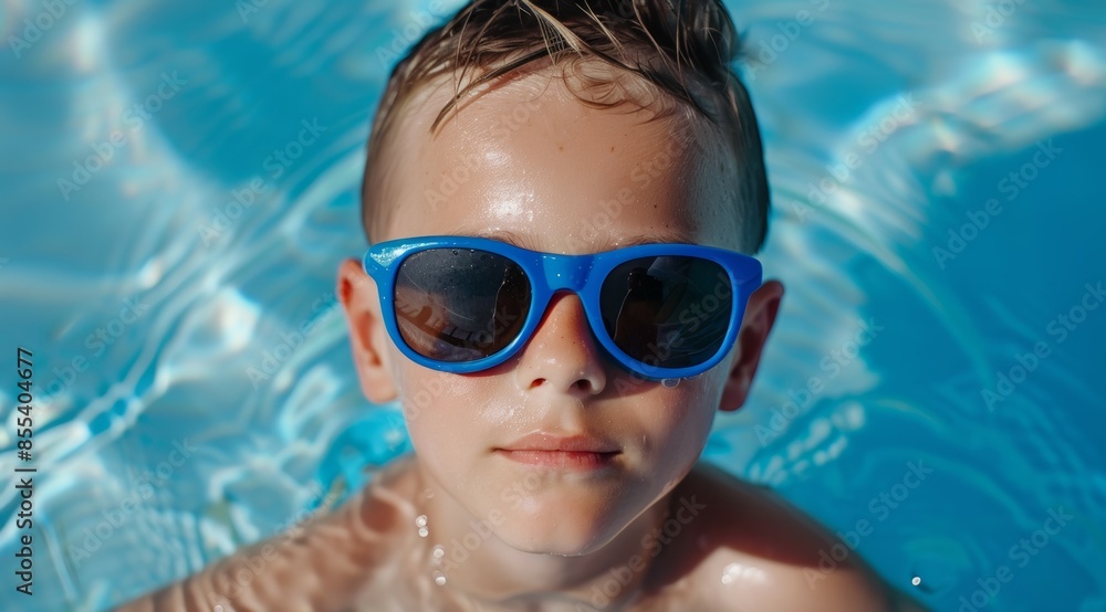 Naklejka premium A young boy wearing blue sunglasses is in a pool, aquapark or water park