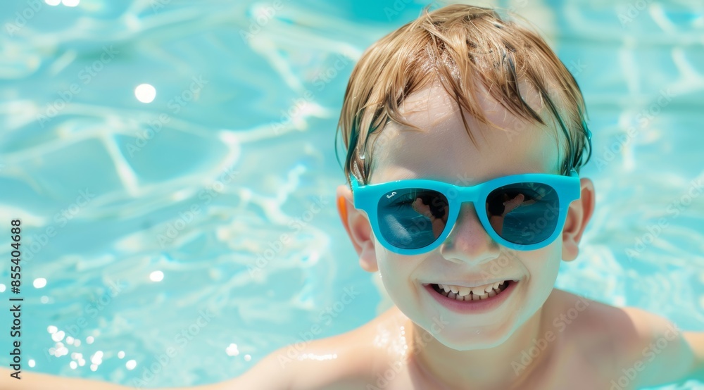 Naklejka premium A young boy is smiling and wearing blue sunglasses while in a pool, aquapark or water park