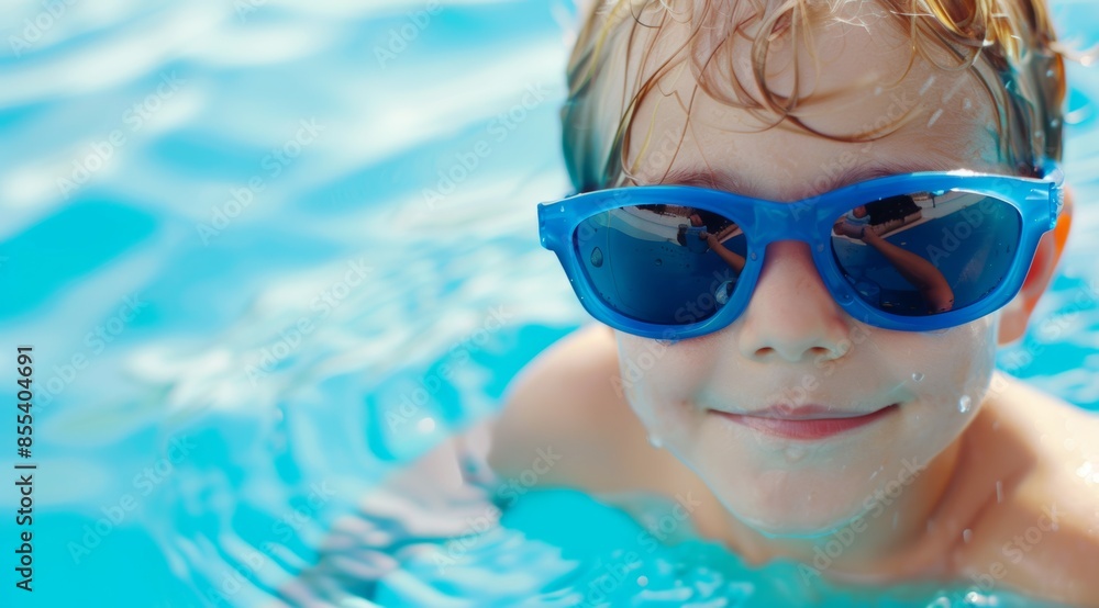 Naklejka premium A young boy is in a pool wearing blue sunglasses, aquapark or water park