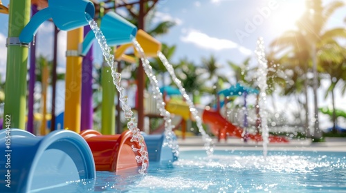 Wallpaper Mural A colorful water park with a blue pool and a red slide, aquapark Torontodigital.ca