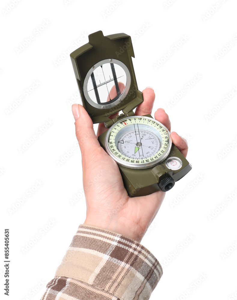 Woman holding compass on white background, closeup Woman holding compass on white background, closeup