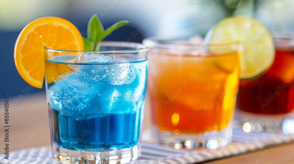 A row of glasses with different colored drinks. Tropical summer concept A row of glasses with different colored drinks. Tropical summer concept