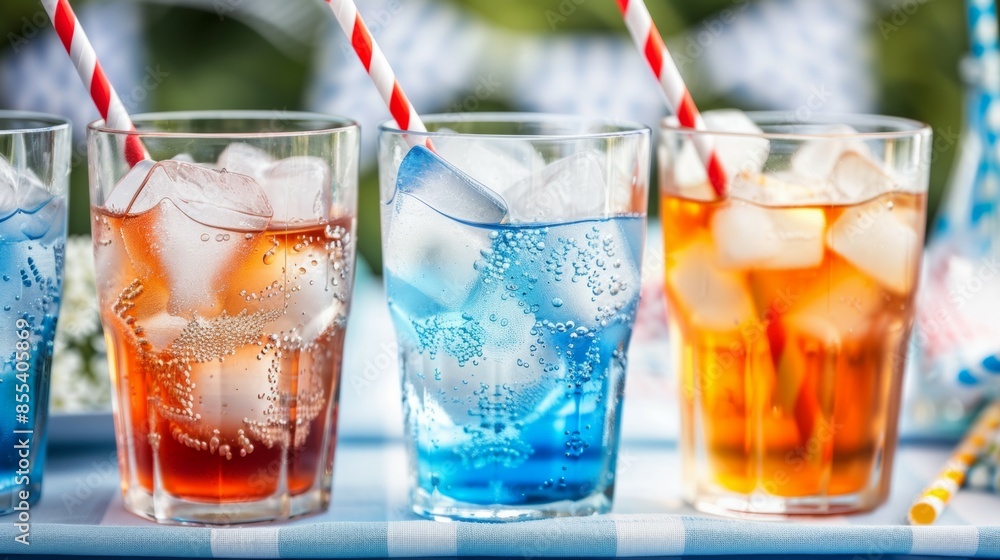 A row of glasses with different colored drinks and straws. Tropical summer concept A row of glasses with different colored drinks and straws. Tropical summer concept