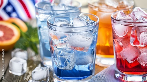 Four glasses of different colored drinks with ice cubes in them. Tropical summer concept