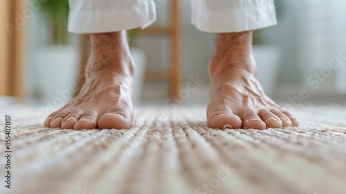 A man's feet are shown on a carpeted floor
