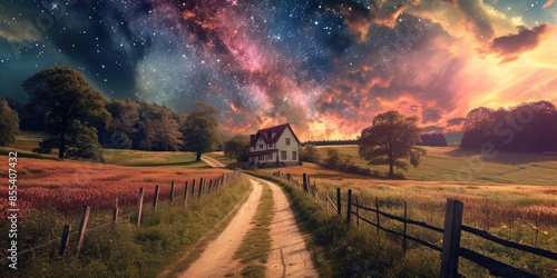 A quaint village scene during a summer night, with charming houses under the majestic Milky Way galaxy. 🌌🏡✨ Captures the rustic beauty and peaceful ambiance of rural life amidst cosmic splendor. photo