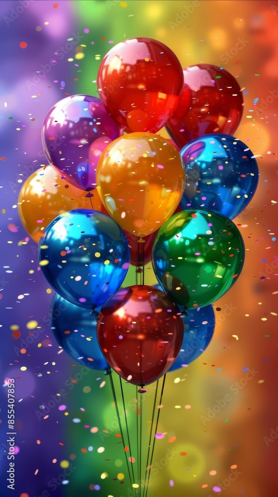 A bunch of colorful rainbow balloons with confetti and a blurred background. A bunch of colorful rainbow balloons with confetti and a blurred background.