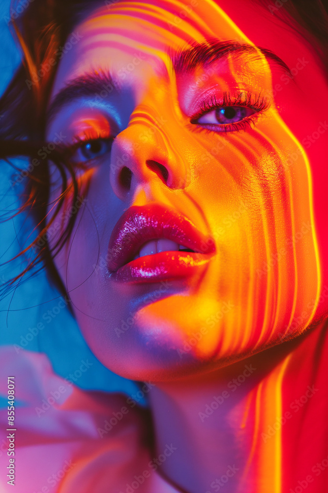 A woman's face is lit up with a rainbow of colors A woman's face is lit up with a rainbow of colors