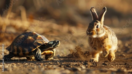 Rabbit and turtle in a race with the turtle surprisingly outpacing the quick rabbit photo