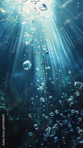 Underwater bubbles rising towards the surface, sunlight filtering through water. Ocean depth exploration concept