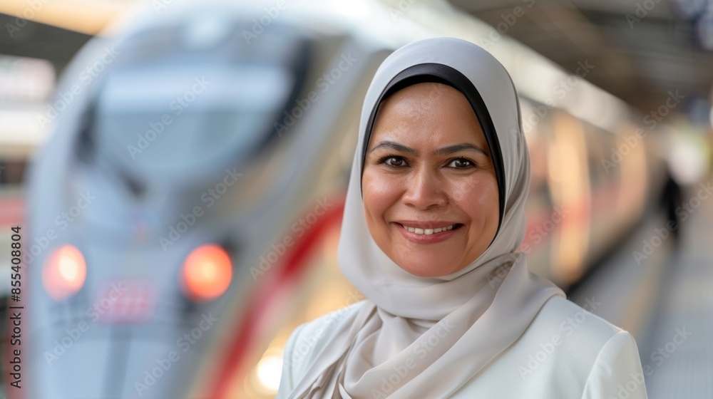 A woman wearing a white hijab is smiling in front of a train, people at a subway station A woman wearing a white hijab is smiling in front of a train, people at a subway station