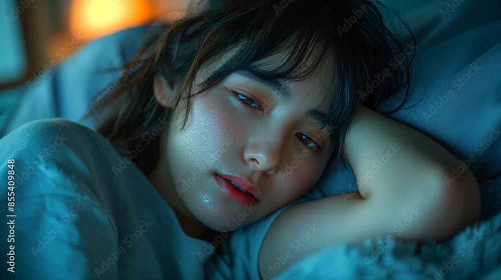 汗をかいて寝苦しそうな女性 汗をかいて寝苦しそうな女性