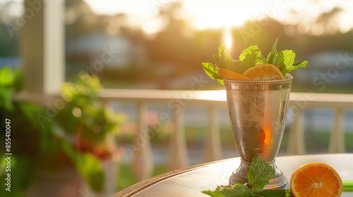 Orange mint julep, a refreshing orange mint julep, served in a silver cup, garnished with mint leaves and orange zest