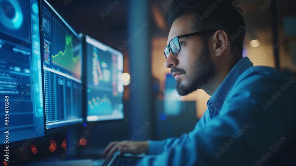 portrait of a Web Analytics Developer working in modern office, tech worker portrait portrait of a Web Analytics Developer working in modern office, tech worker portrait