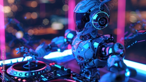 Robot DJ in 3D, spinning digital turntables at a club, its LED lights syncing with the music beats photo