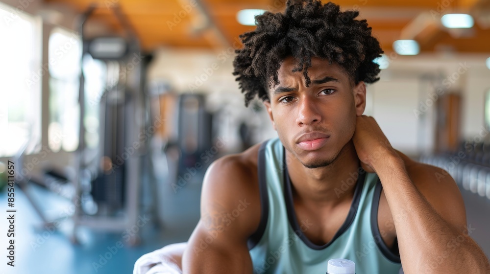 Young man grimacing in pain, holding shoulder on a minimalist gym bench. Modern gym with a young man clutching his shoulder in pain. Young man grimacing in pain, holding shoulder on a minimalist gym bench. Modern gym with a young man clutching his shoulder in pain.