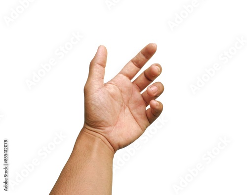 A man acts like he's holding something, like a phone or a water bottle. Or reaching out to handshake isolated on white background.
