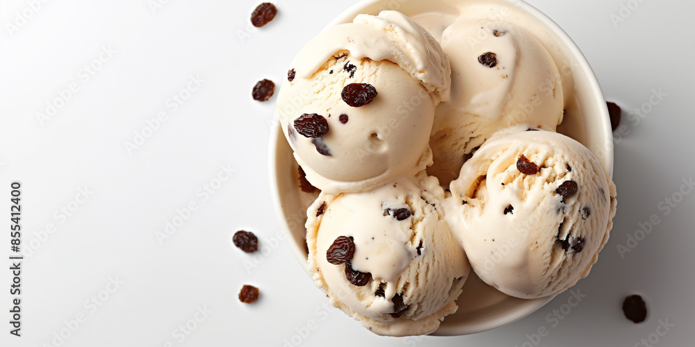 Decadent dark rum and raisin ice cream, an image of decadent dark rum and raisin ice cream, its creamy texture and rum-soaked raisins against a white backdrop, ideal for showcasing indulgent Decadent dark rum and raisin ice cream, an image of decadent dark rum and raisin ice cream, its creamy texture and rum-soaked raisins against a white backdrop, ideal for showcasing indulgent