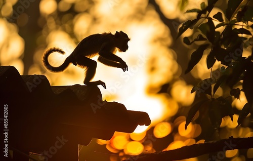 Monkey jumping between beach huts at sunset in Jambiani, Zanzibar, Tanzania photo