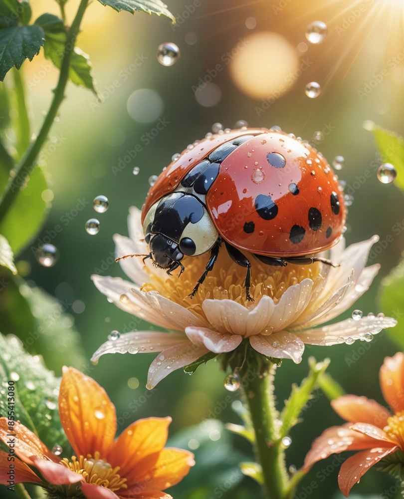 Naklejka premium A cute ladybug close up on a green leaf, 3d cartoon style.
