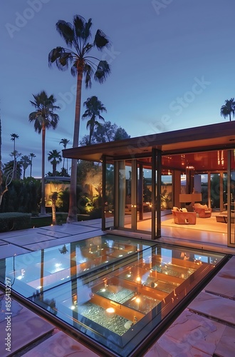 Illuminated glass house with concrete walls and wood accents in California at dusk